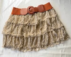 Vintage Y2K Deb Tiered Lace Ruffle Mini Skirt w/ Attached Belt Junior’s Size 1X